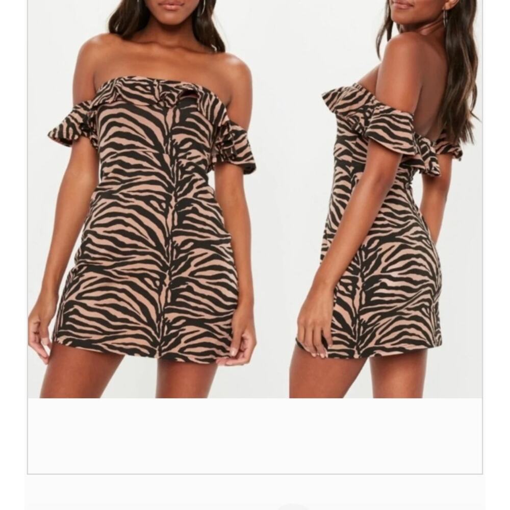 Missguided Frill Skater Dress‎ Off Shoulder Mini Ruffle Zebra Y2K Party 4 NEW